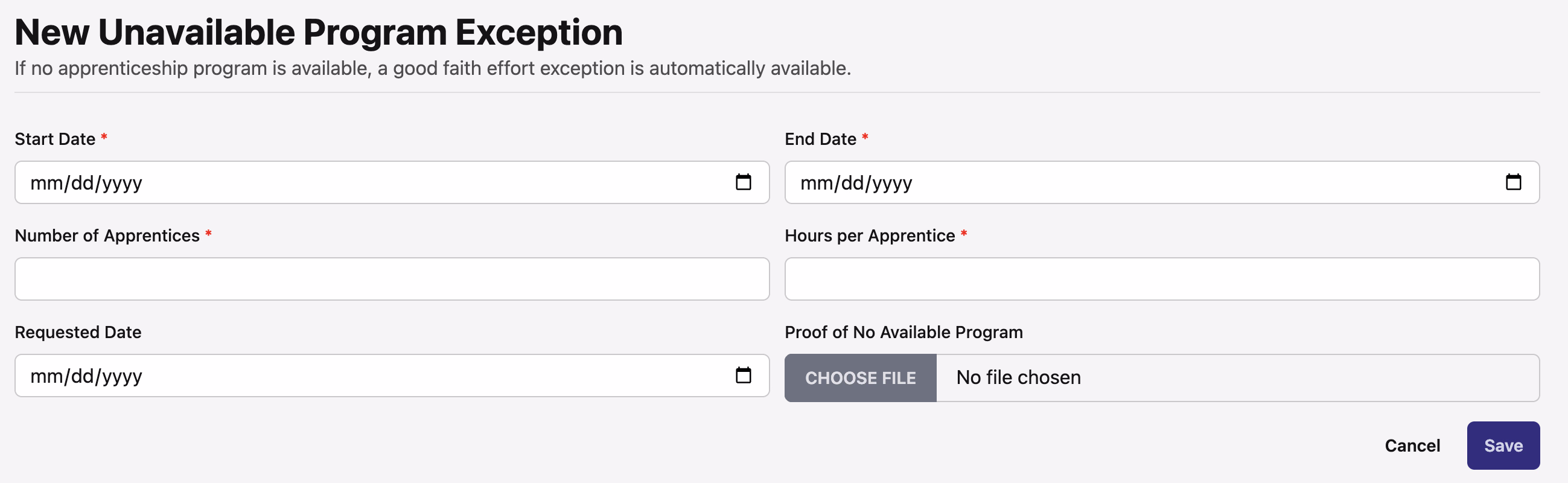 New Unavailable Program Exception form with start date, end date, apprentice count, and hours fields