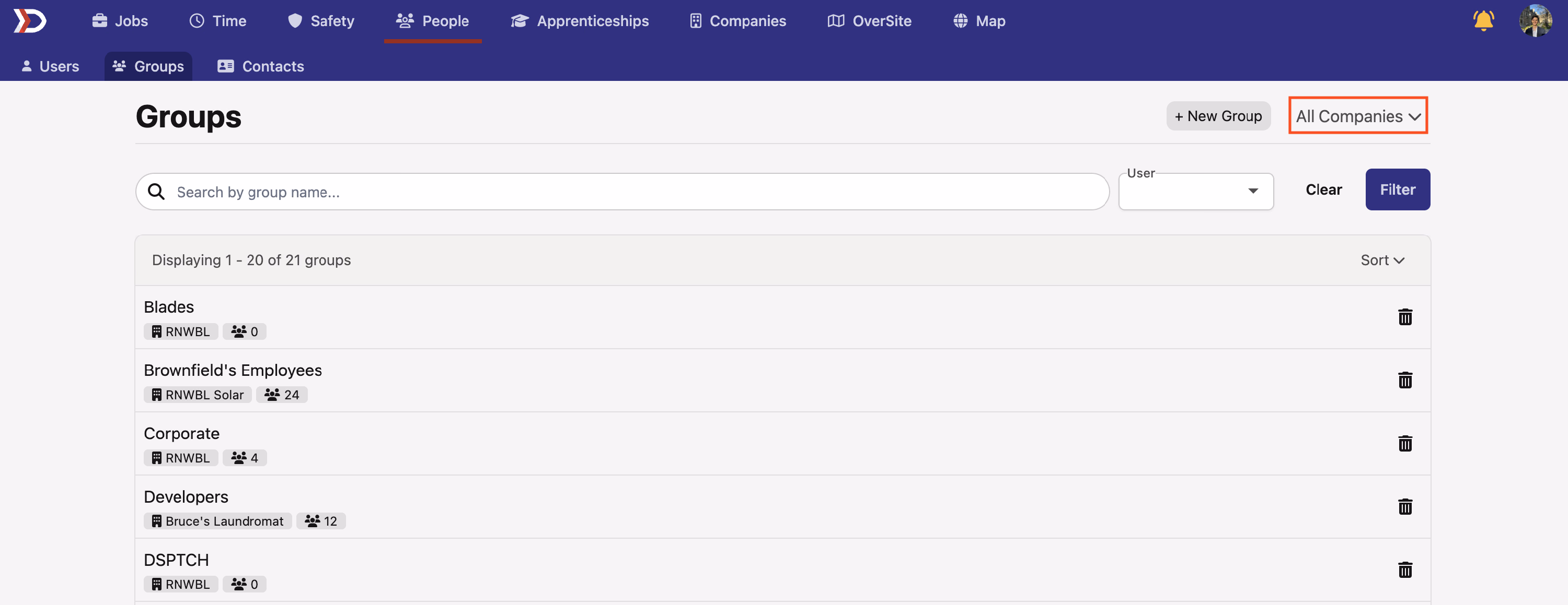 Groups page with the All Companies company selector dropdown highlighted