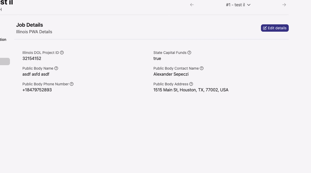 Job Details card for Illinois PWA Details showing the Public Body Address field populated with a full street address