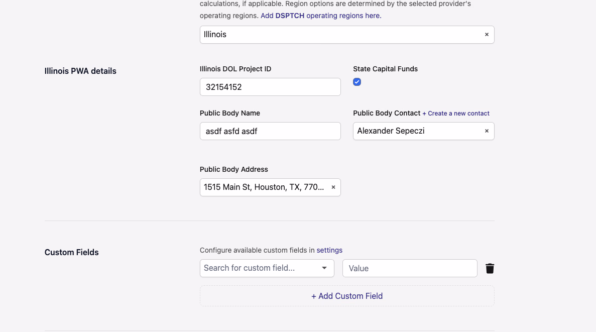 Illinois PWA Details section on the job form showing the new Public Body Address field with an address entered