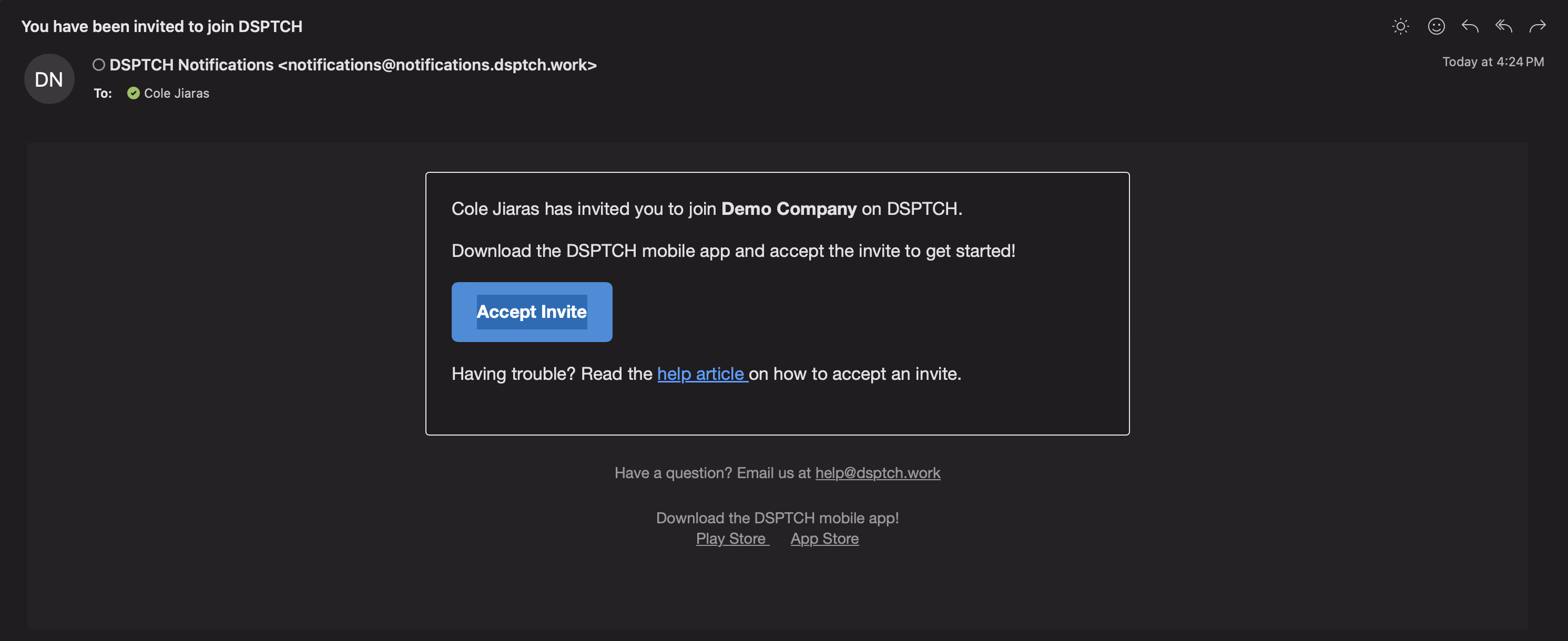 Email invitation to join Demo Company on DSPTCH with Accept Invite button