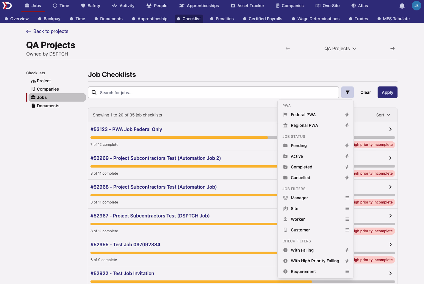 The Job Checklists page with the same chip-style filter panel open, grouped into PWA, Job Status, Job Filters, and Check Filters