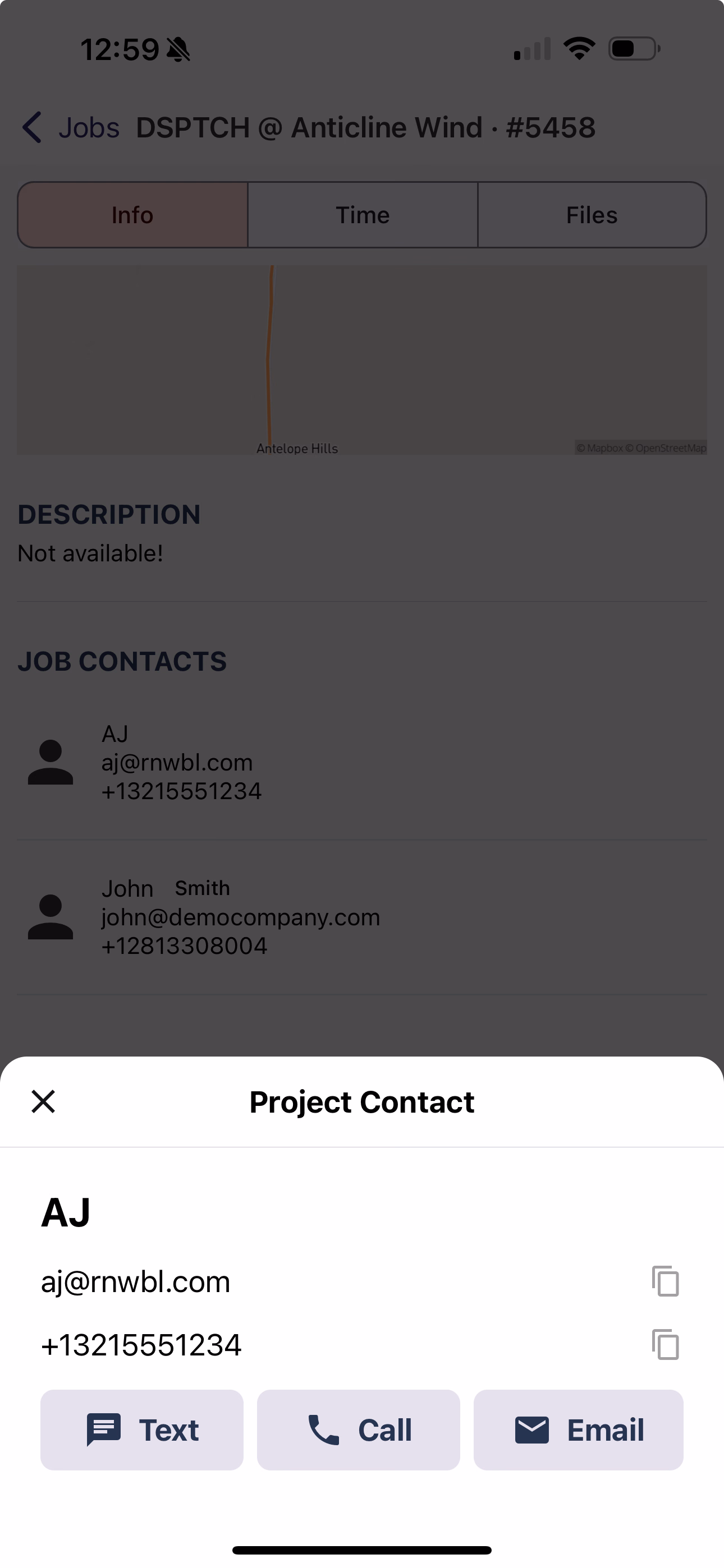 Project Contact bottom sheet with contact details and Text, Call, and Email action buttons