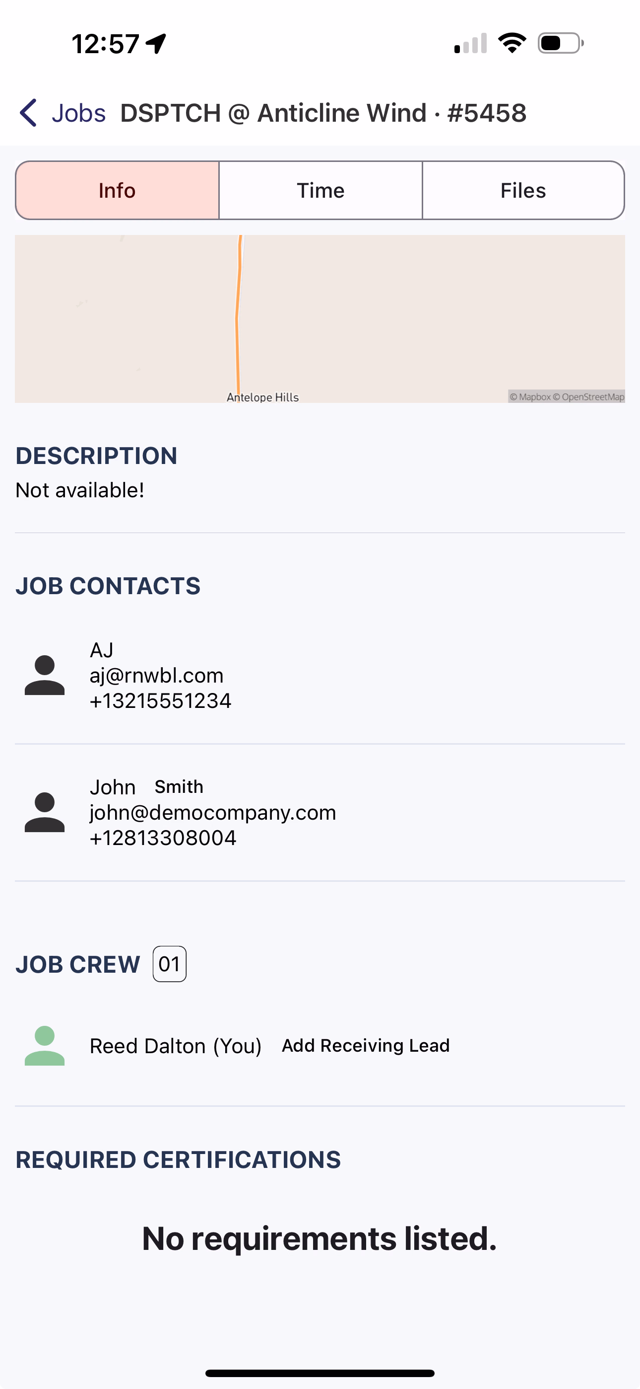 Job Info tab Job Contacts section listing contact names, emails, and phone numbers