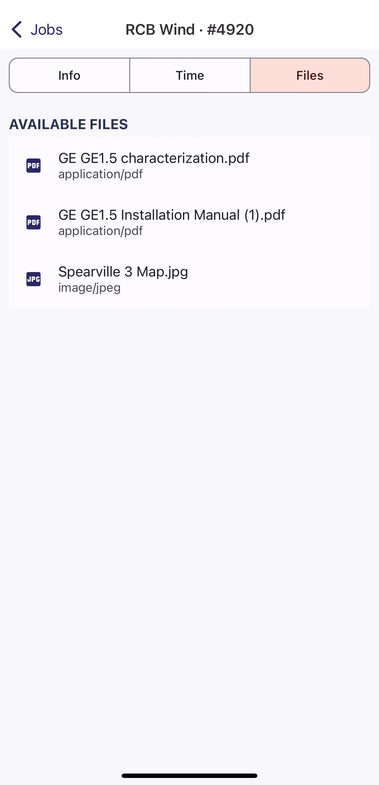 Job Card Files tab showing a list of available PDF and image documents