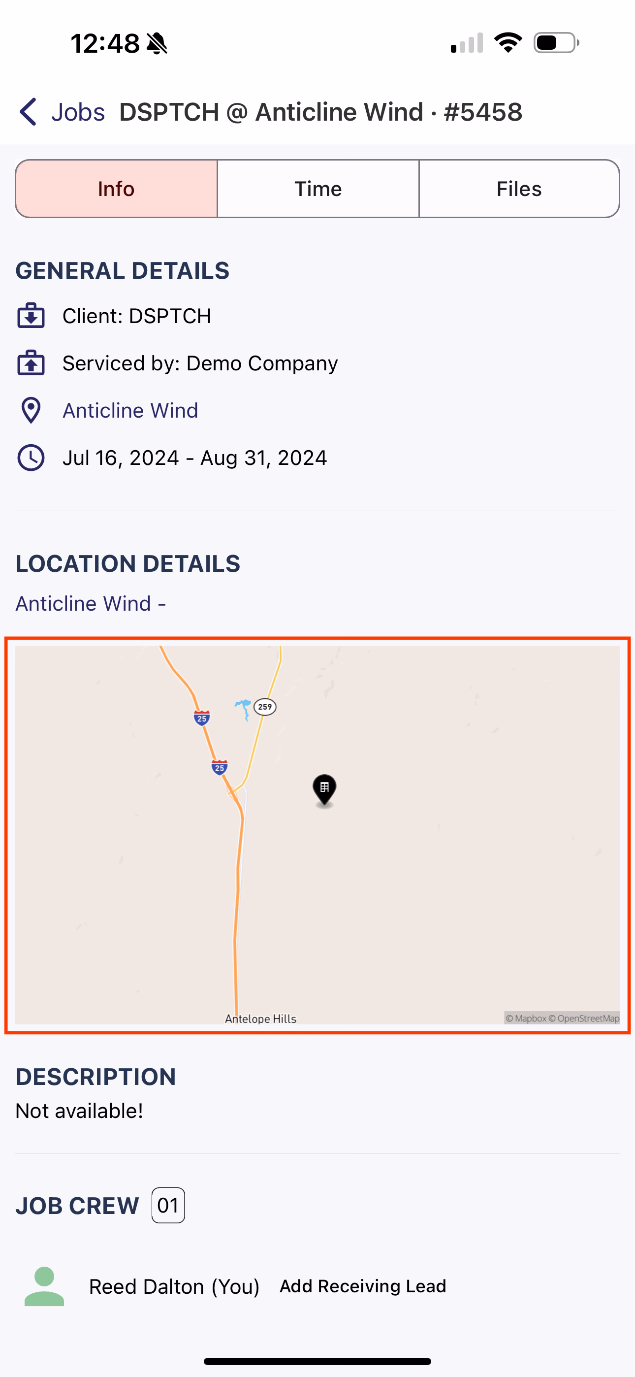 Job Info tab with the Location Details map highlighted in red to navigate to the Map view