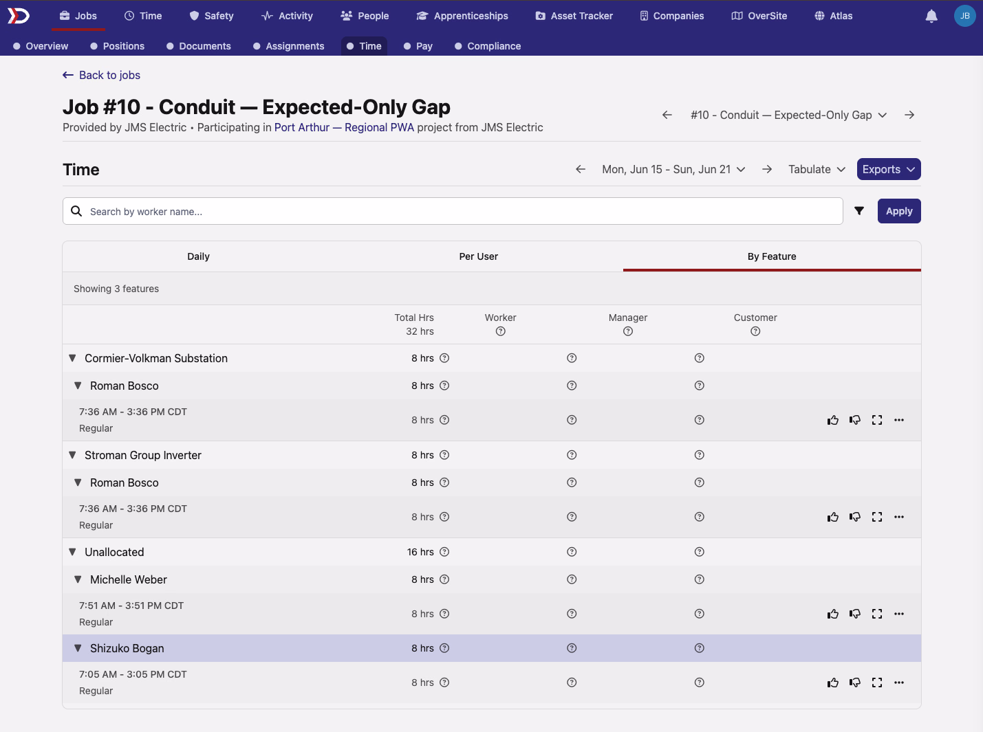 A job Time page grouped by feature, including allocated feature rows and an Unallocated section