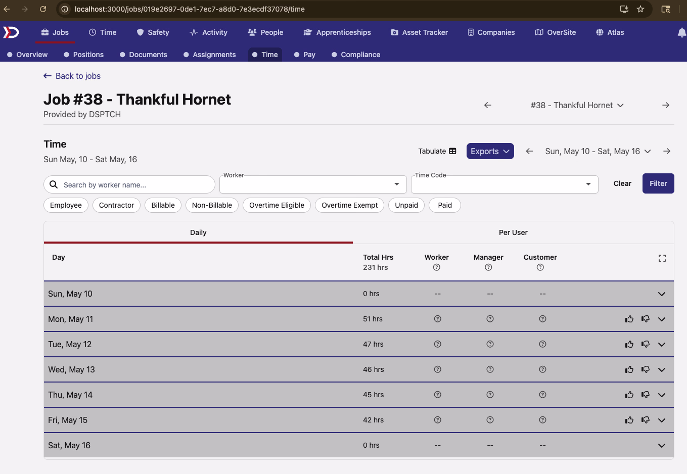 Job detail page with the renamed Time tab selected, showing the daily hours view at /time