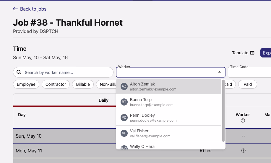 Worker filter on the Job Time page open with a dropdown showing five workers with avatar initials, names, and email addresses