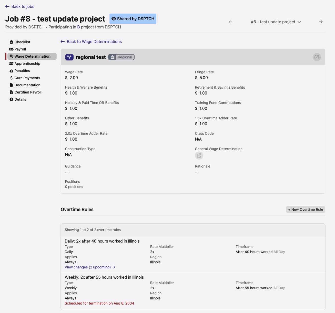 The Wage Determination tab of a job showing overtime rules inherited from its project: a daily rule with a "View changes (2 upcoming)" link and a weekly rule marked "Scheduled for termination on Aug 8, 2034"