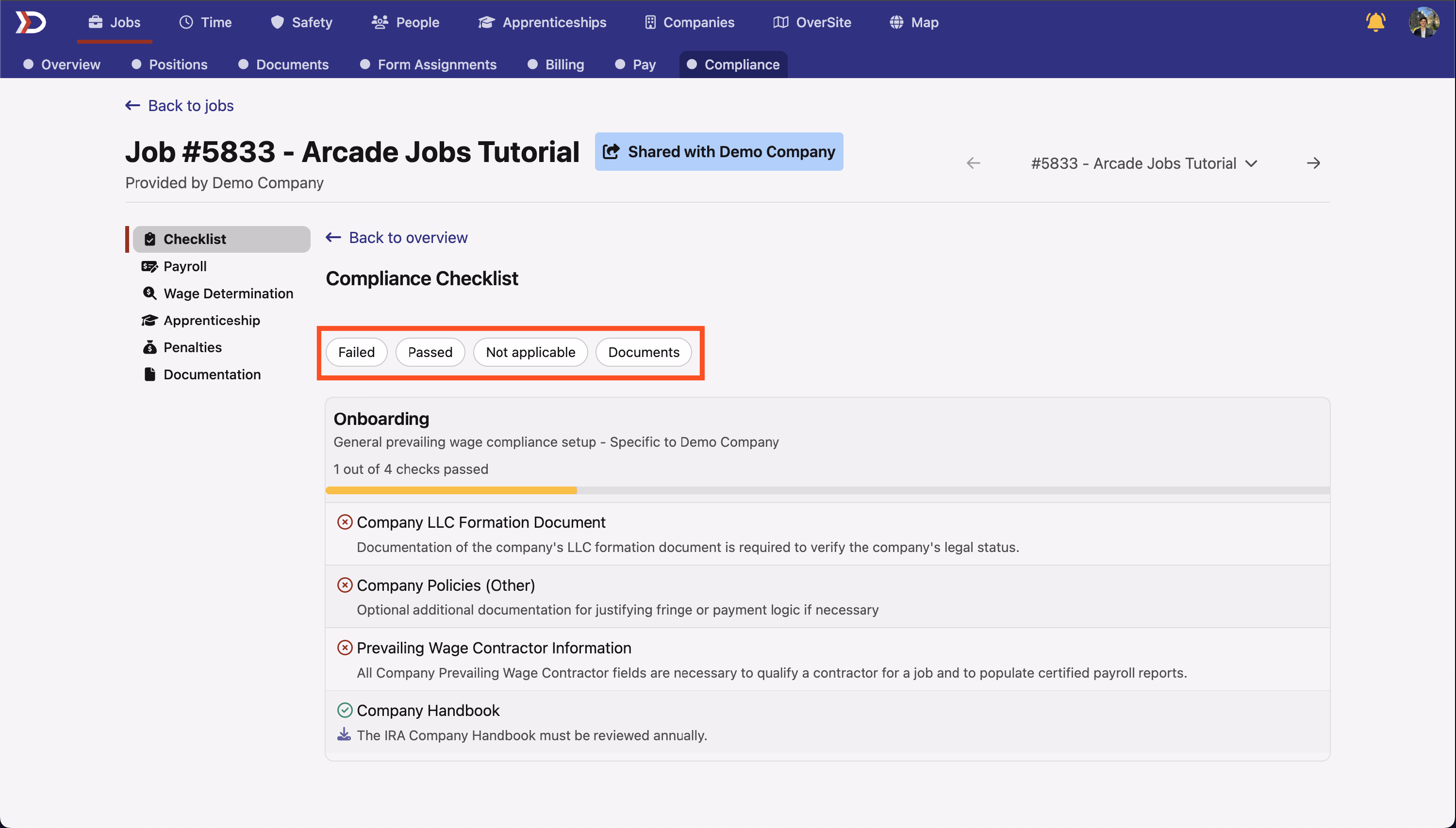 Compliance checklist filter options including Failed, Passed, Not Applicable, and Documents toggles