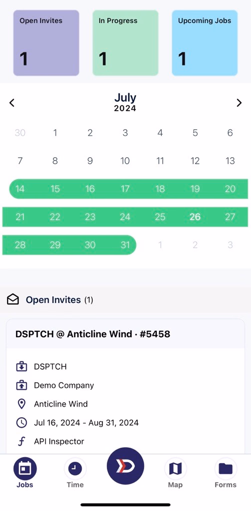 Mobile jobs homepage showing open invites, in progress, upcoming, and calendar