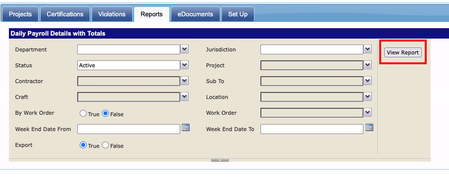 Daily Payroll Details with Totals report form with View Report button highlighted in red