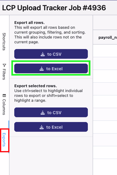 Wage &amp; Hour Exports panel with the to Excel option highlighted in a green box under Export all rows