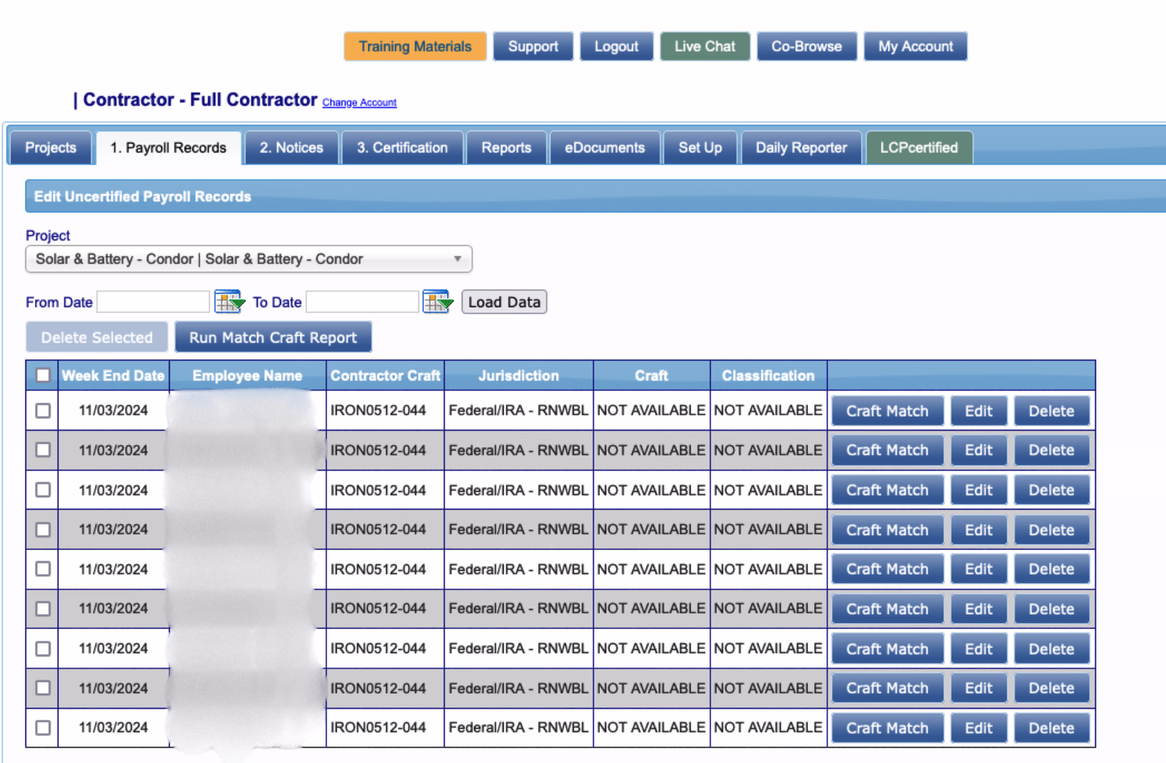 LCPtracker Edit Uncertified Payroll Records screen showing uploaded entries with Craft Match, Edit, and Delete actions