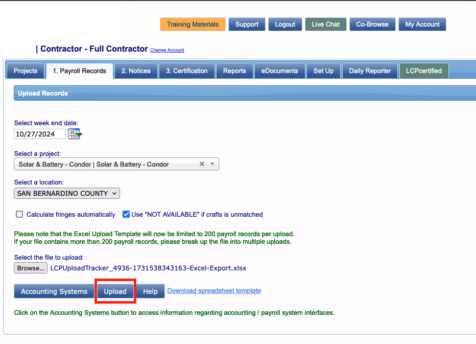 LCPtracker Upload Records form showing week end date, project, location, and file fields with the Upload button highlighted