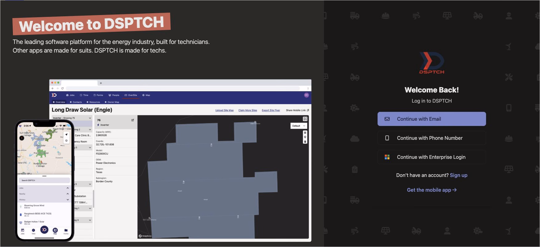 The DSPTCH sign-in screen in dark mode, with a muted welcome panel and the log-in options