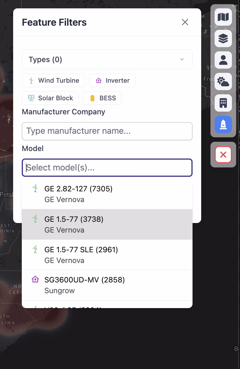 Feature Filters panel open, showing the Model search dropdown with results like GE 2.82-127 (7305) by GE Vernova, GE 1.5-77 (3738) by GE Vernova, and SG3600UD-MV (2858) by Sungrow, each with a wind turbine or inverter icon