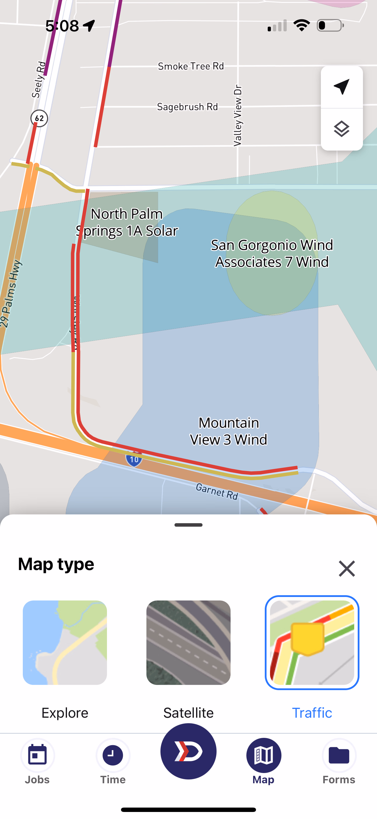 Map displayed in Traffic layer showing road congestion patterns adjacent to the road network