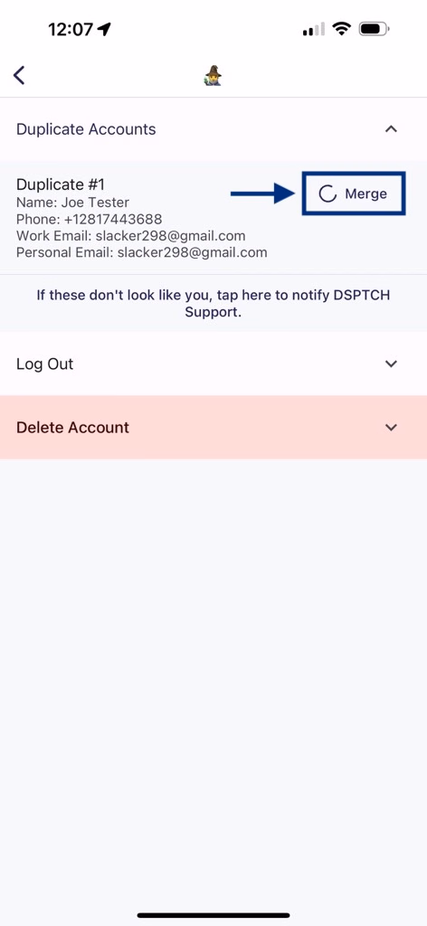 Duplicate Accounts screen showing duplicate entry with Merge button highlighted