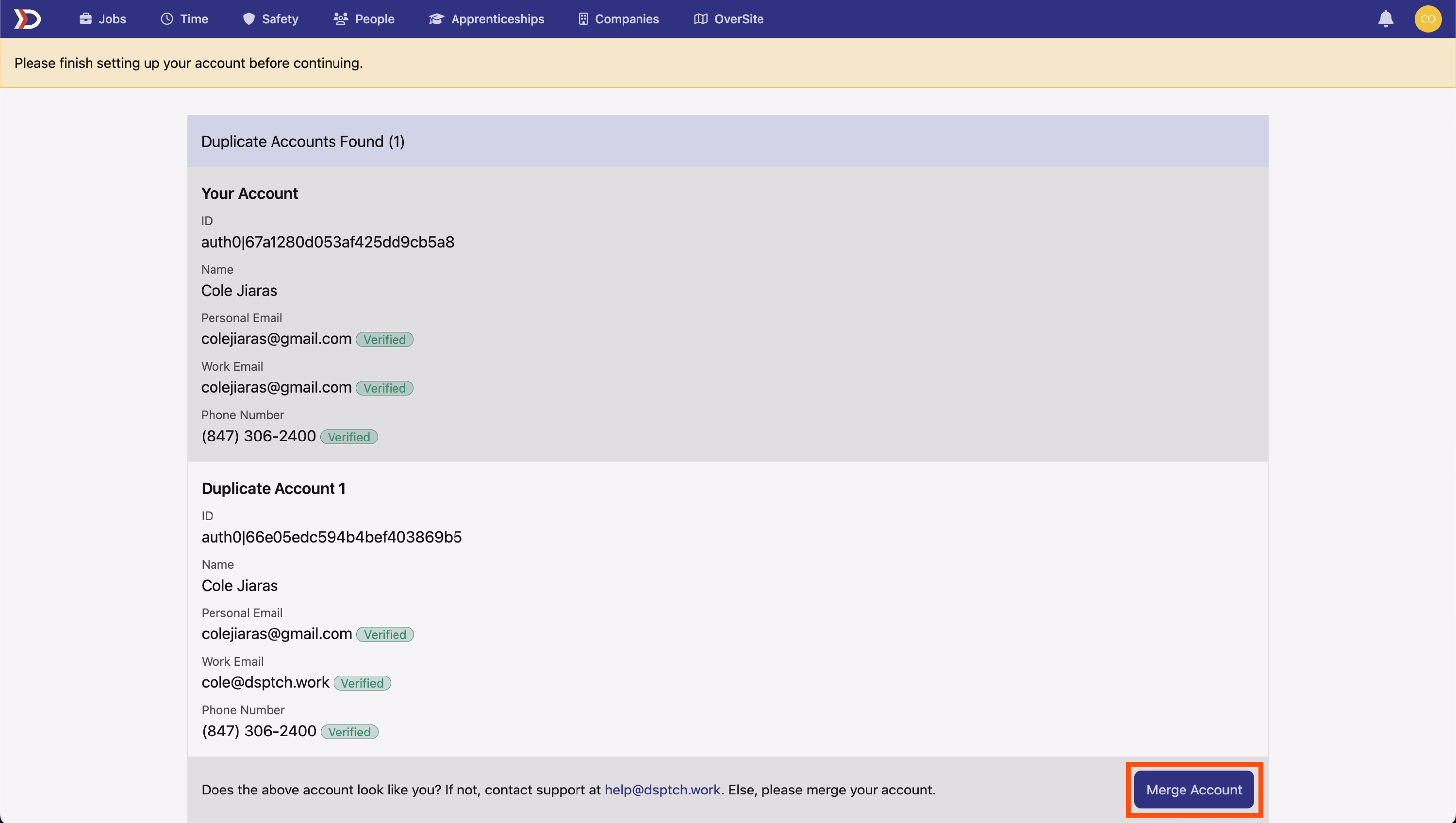 Review Account Information page showing two duplicate accounts with Merge Account button highlighted