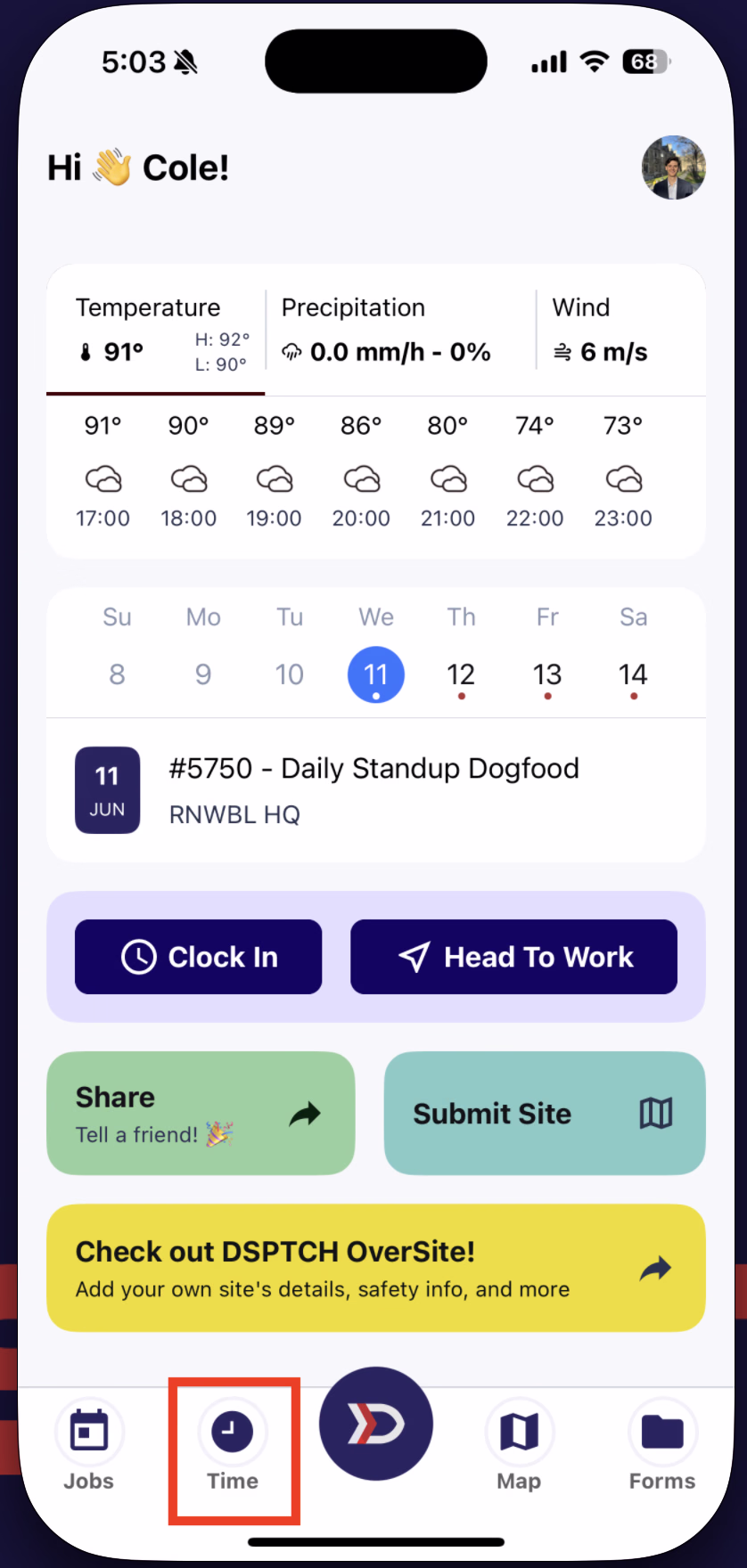 DSPTCH mobile home screen with Time tab highlighted in bottom navigation bar