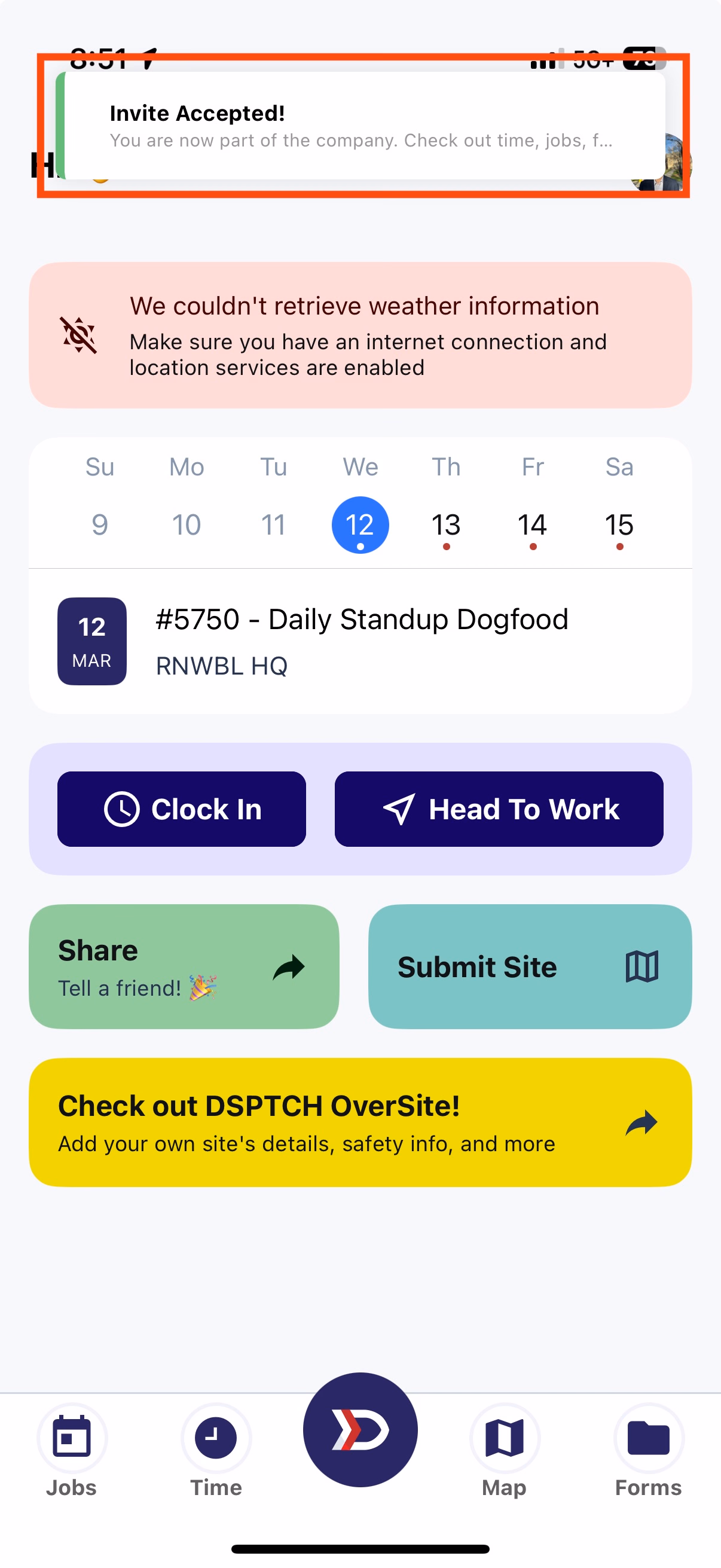 Mobile app dashboard with the Invite Accepted success banner highlighted at the top