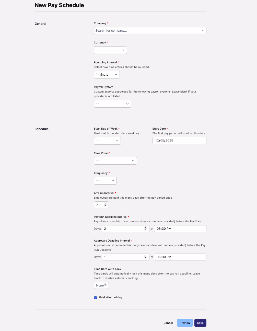 New Pay Schedule form with company, currency, frequency, and schedule fields
