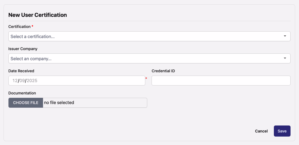 New User Certification form with certification, issuer, date received, credential ID, and documentation fields