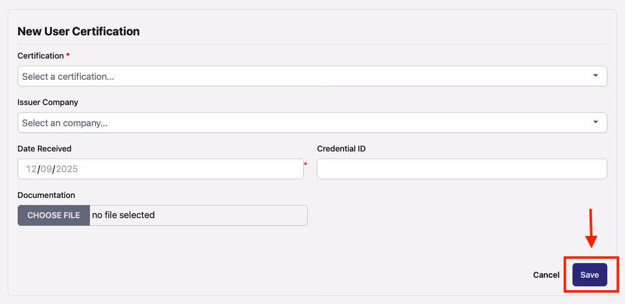 New User Certification form with the Save button highlighted in red