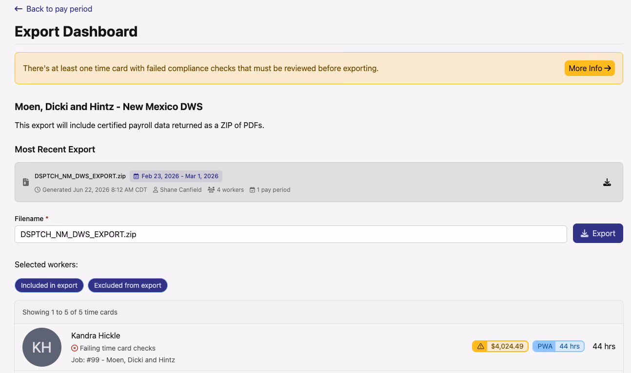 The NM DWS Export Dashboard showing compliance warnings, the most recent export, and the worker list for the selected pay period