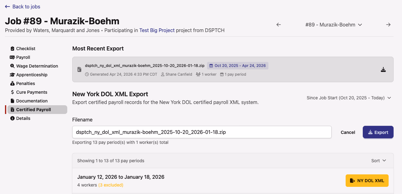 NY DOL XML job certified payrolls page