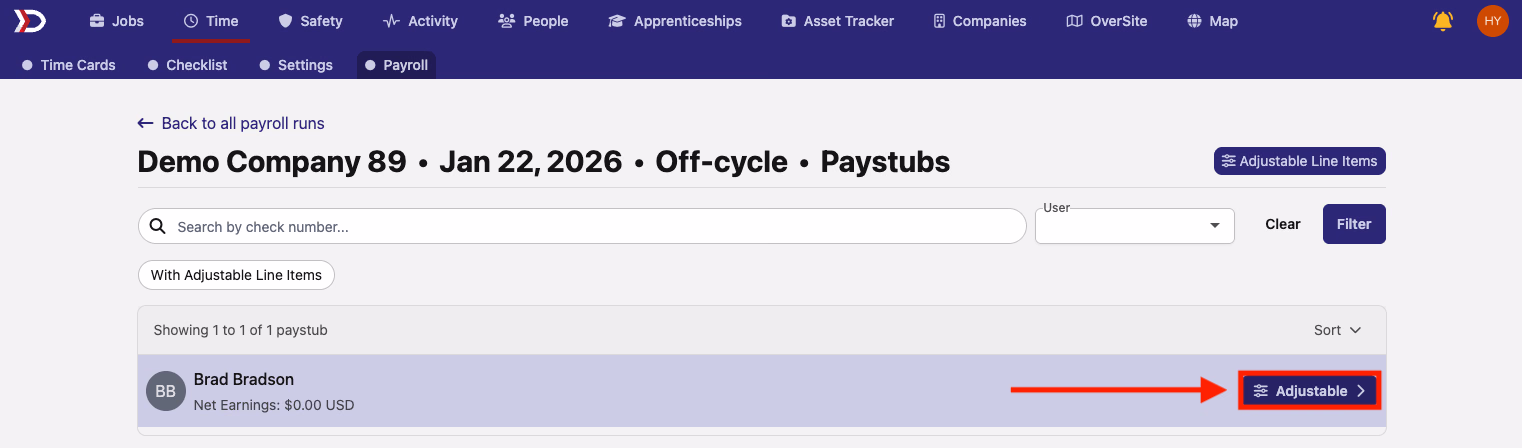 Off-cycle paystub page for Brad Bradson showing the Adjustable button highlighted by a red arrow