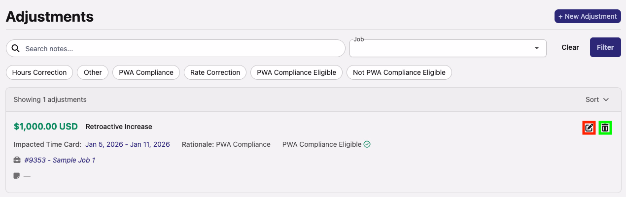 Adjustments list entry with the pencil edit icon highlighted in red and trash delete icon highlighted in green