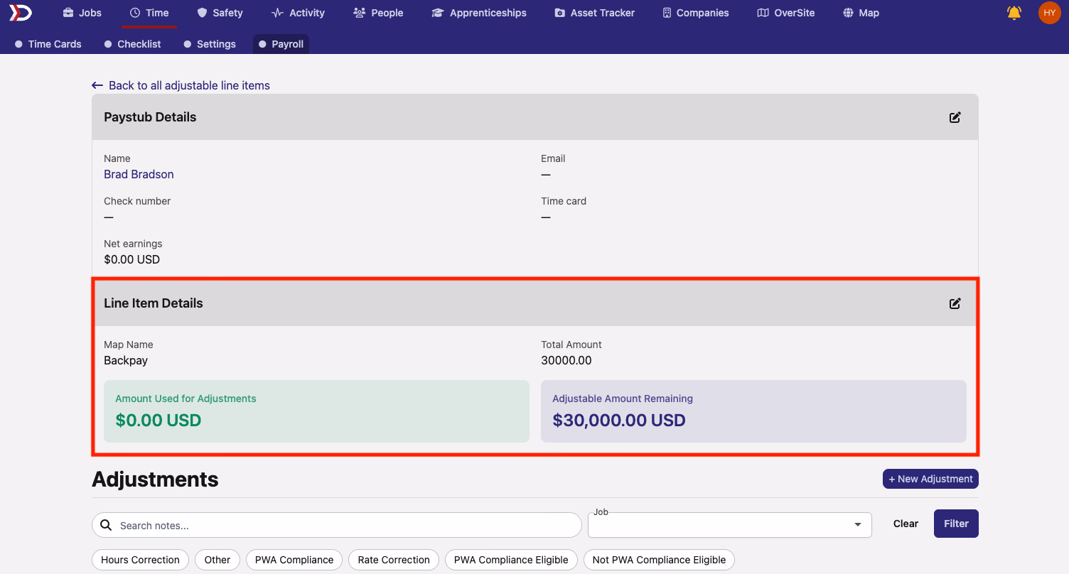 Adjustable line item page showing Line Item Details with Amount Used for Adjustments and Adjustable Amount Remaining highlighted in a red box