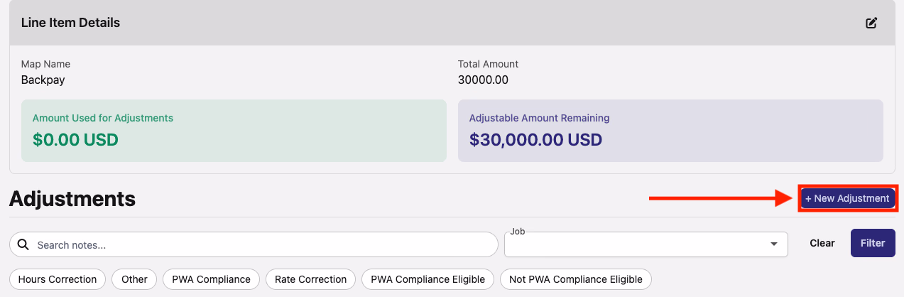 Line Item Details section with the New Adjustment button highlighted by a red arrow