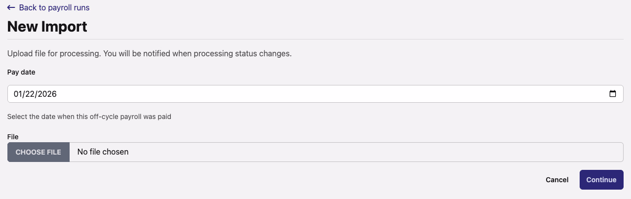 New Import form showing Pay date field and File field with Choose File button