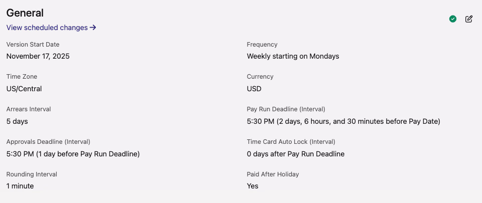 Pay schedule general settings showing frequency, timezone, and deadline fields