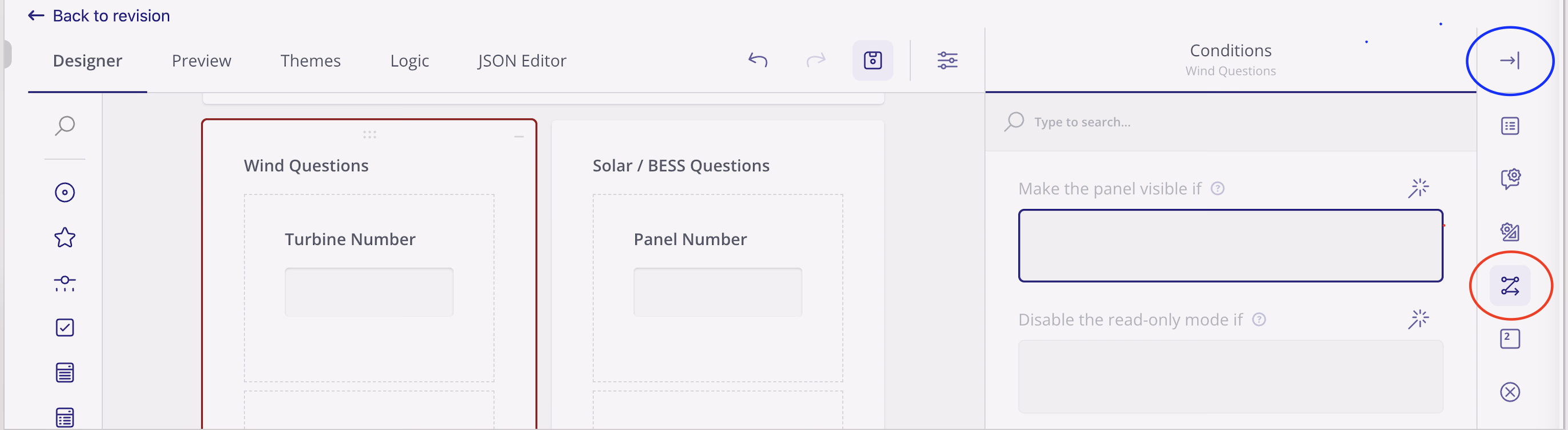 Form designer with the sidebar arrow and Conditions menu icon circled to show how to open the conditions panel