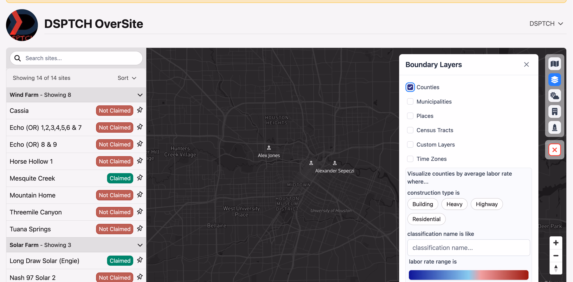 OverSite map with the Boundary Layers panel open, showing geographic overlay toggles, a counties-by-labor-rate heatmap configurator with construction-type filters, and two checked-in worker markers on the map