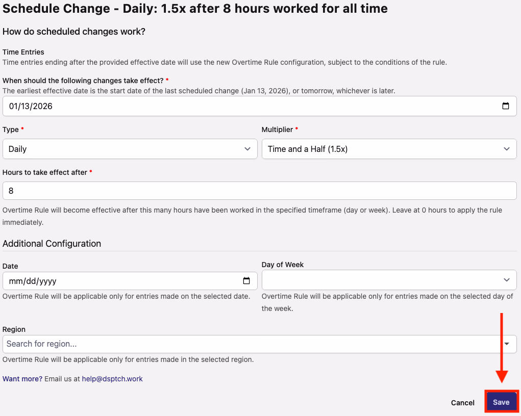Schedule Change form showing effective date, Type, Multiplier, and Hours fields with the Save button highlighted