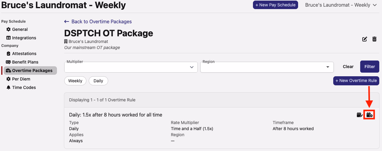 Overtime Package detail page showing the calendar-X icon highlighted by a red arrow to terminate an overtime rule