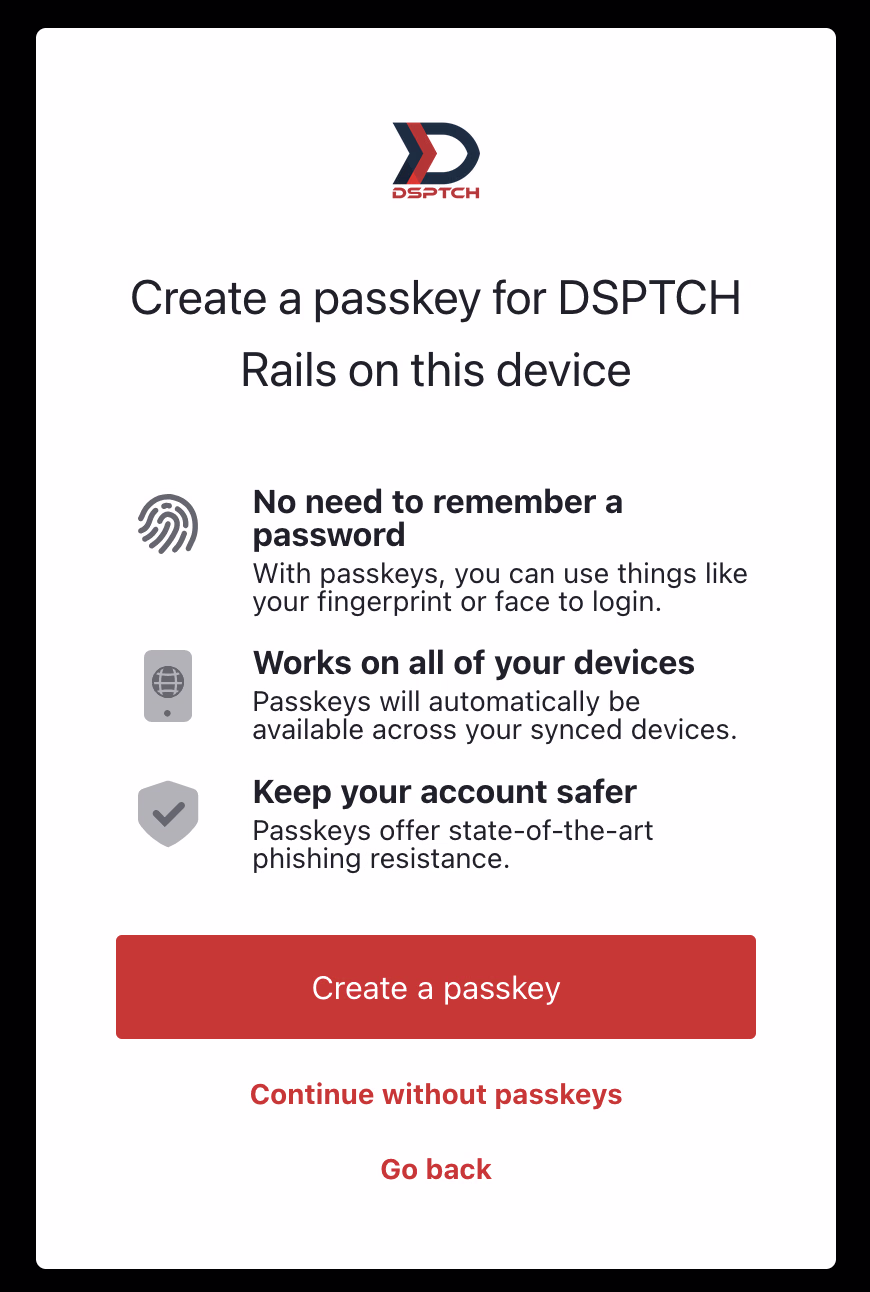 Página Create a passkey for DSPTCH con la opción de continuar sin claves de acceso