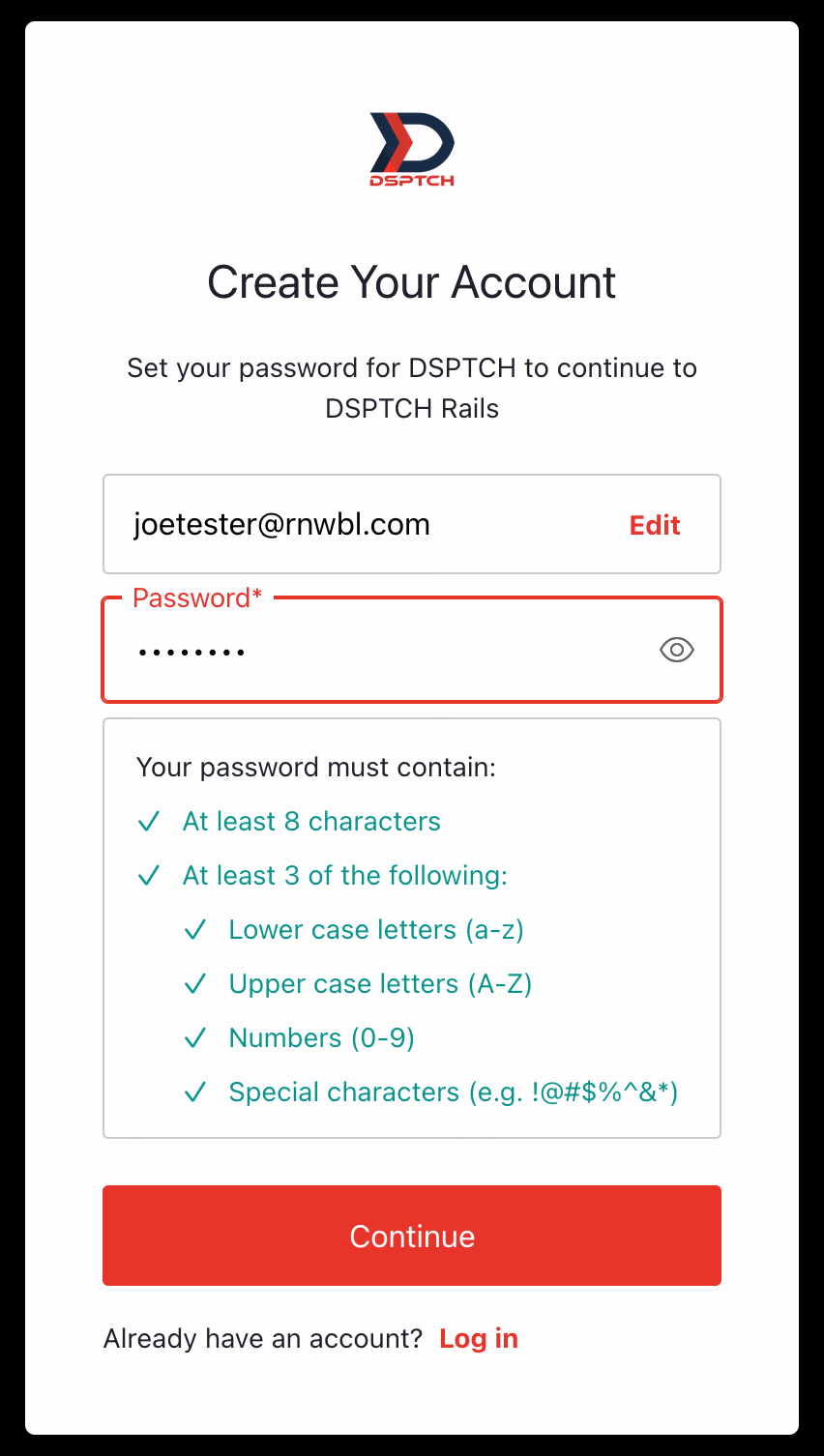 Página Create Your Account con el campo de contraseña resaltado en rojo y la lista de requisitos