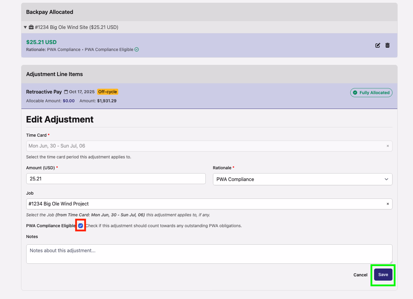 Edit Adjustment form showing Amount, Rationale, and Job fields with PWA Compliance Eligible toggle highlighted in red and Save button in green
