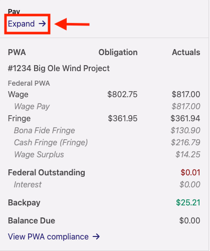 Pay section with the Expand button highlighted in a red box and arrow to open the Pay Dashboard