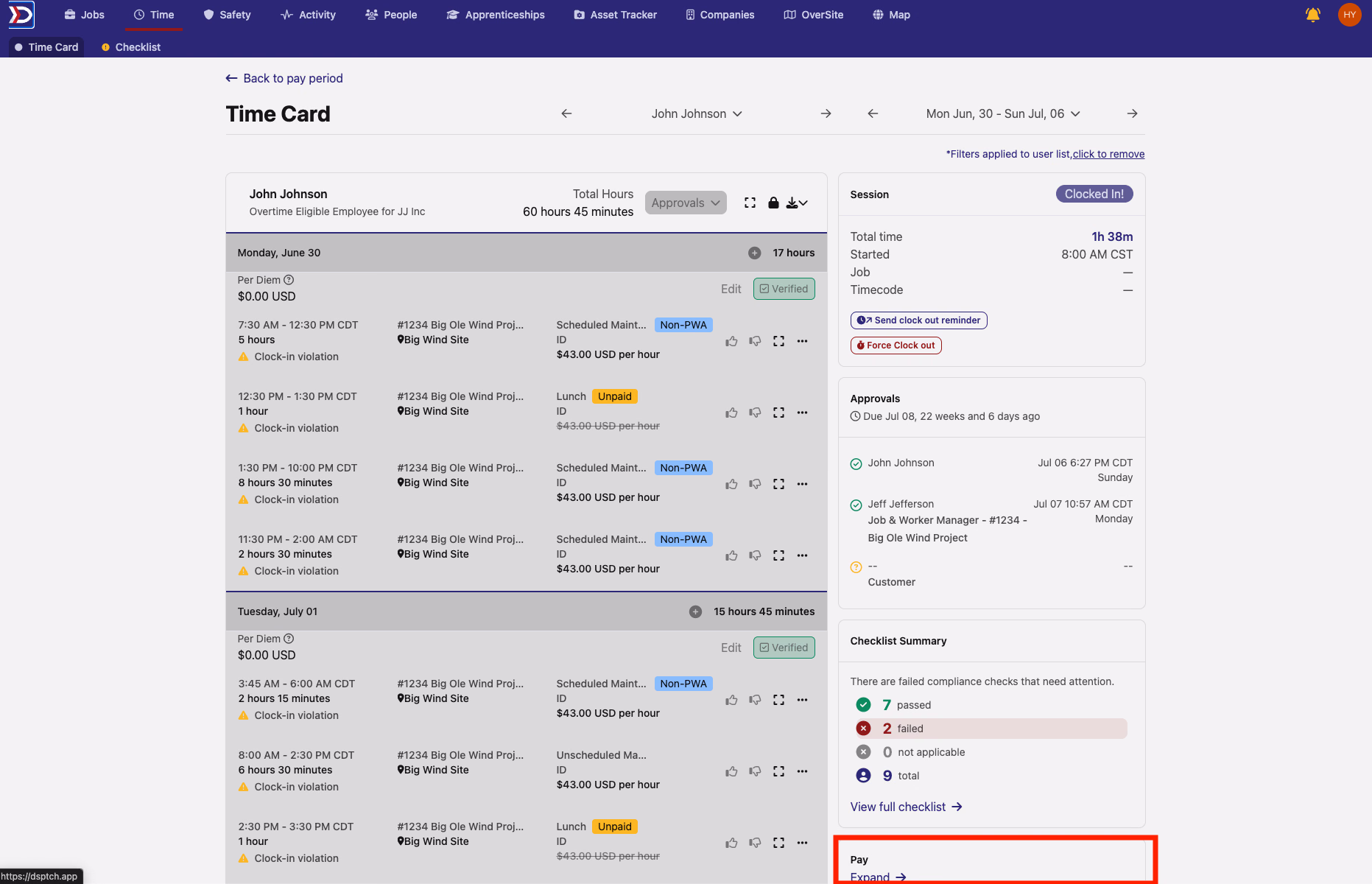 John Johnson's time card with the Pay section highlighted in a red box at the bottom of the page