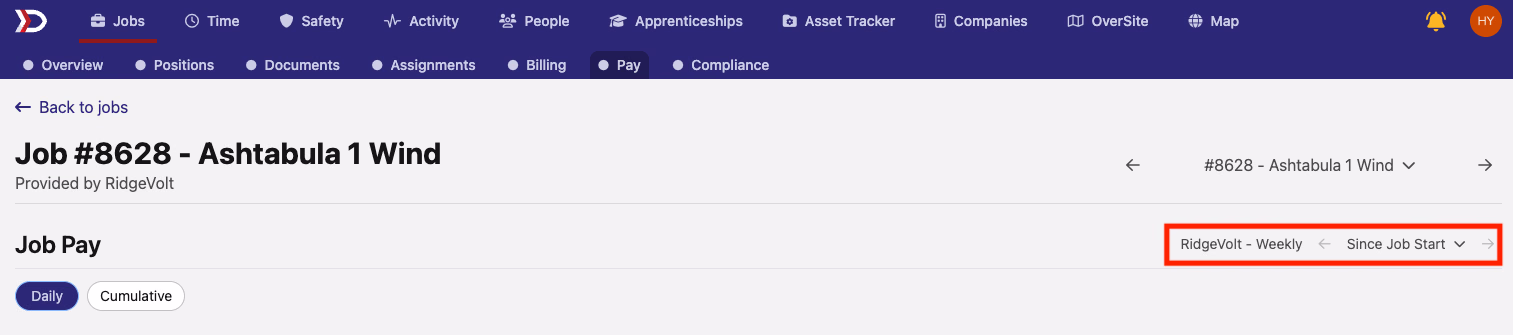 Pay tab pay period filter showing pay schedule name and date range selector highlighted