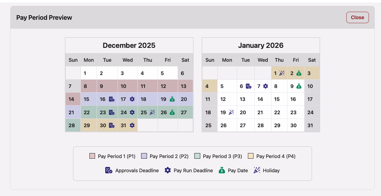 Pay Period Preview calendar showing pay periods, approval deadlines, and pay dates