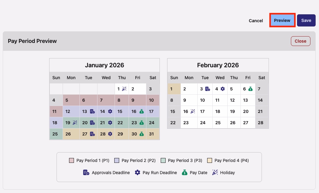 New Pay Schedule form with Preview button highlighted by red box at the bottom
